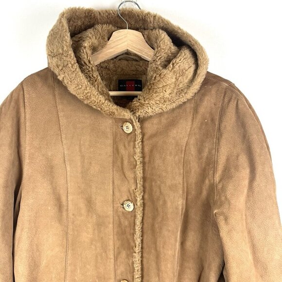 Vintage Y2K Gallery Hooded Suede Leather Penny Lane Coat Faux Fur Trim Sz L Warm - Picture 5 of 12